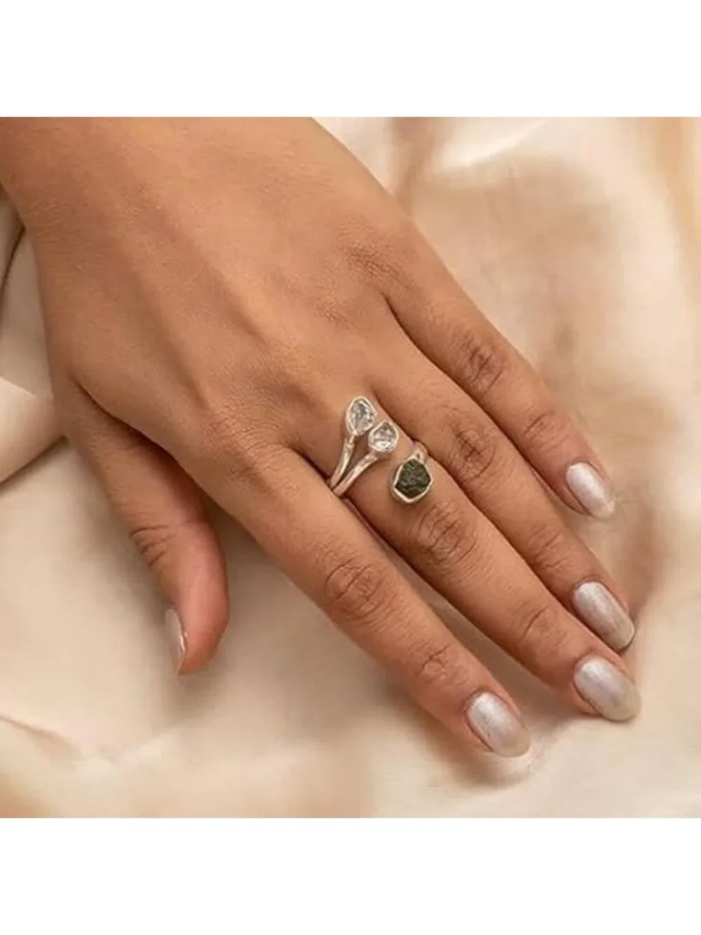 Handmade Moldavite & Herkimer Ring in 925 Sterling Silver - Unique Women's Gift